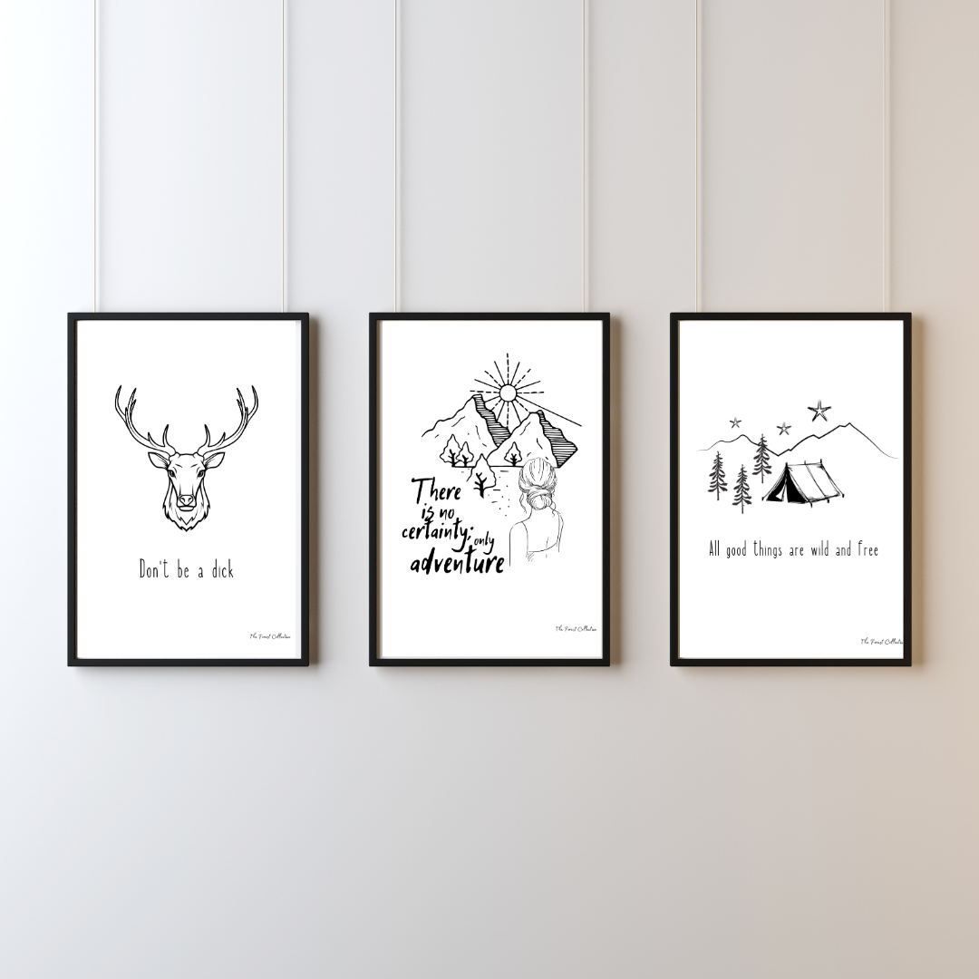 Trio of prints -  a4 prints, Wild & free, ONly Adventure, Dont be a dick. Black lines, monochrome prints