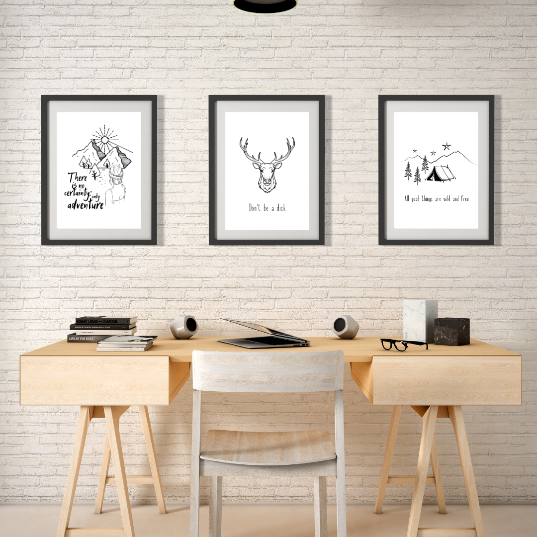 Trio of prints -  a4 prints, Wild & free, ONly Adventure, Dont be a dick. Black lines, monochrome prints